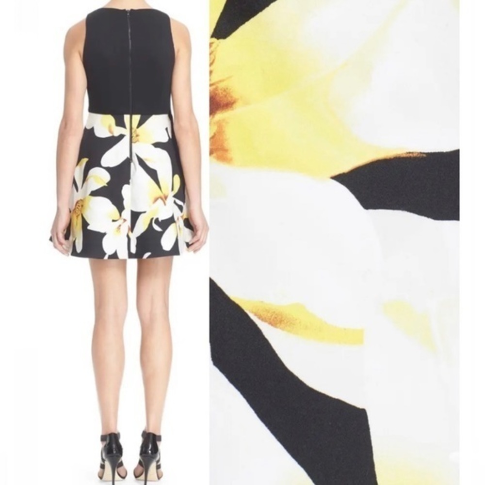 ALICE + OLIVIA KOURTNEY Sleeveless Box Pleated Combo Lined Dress Black /Floral 2 - Picture 13 of 15